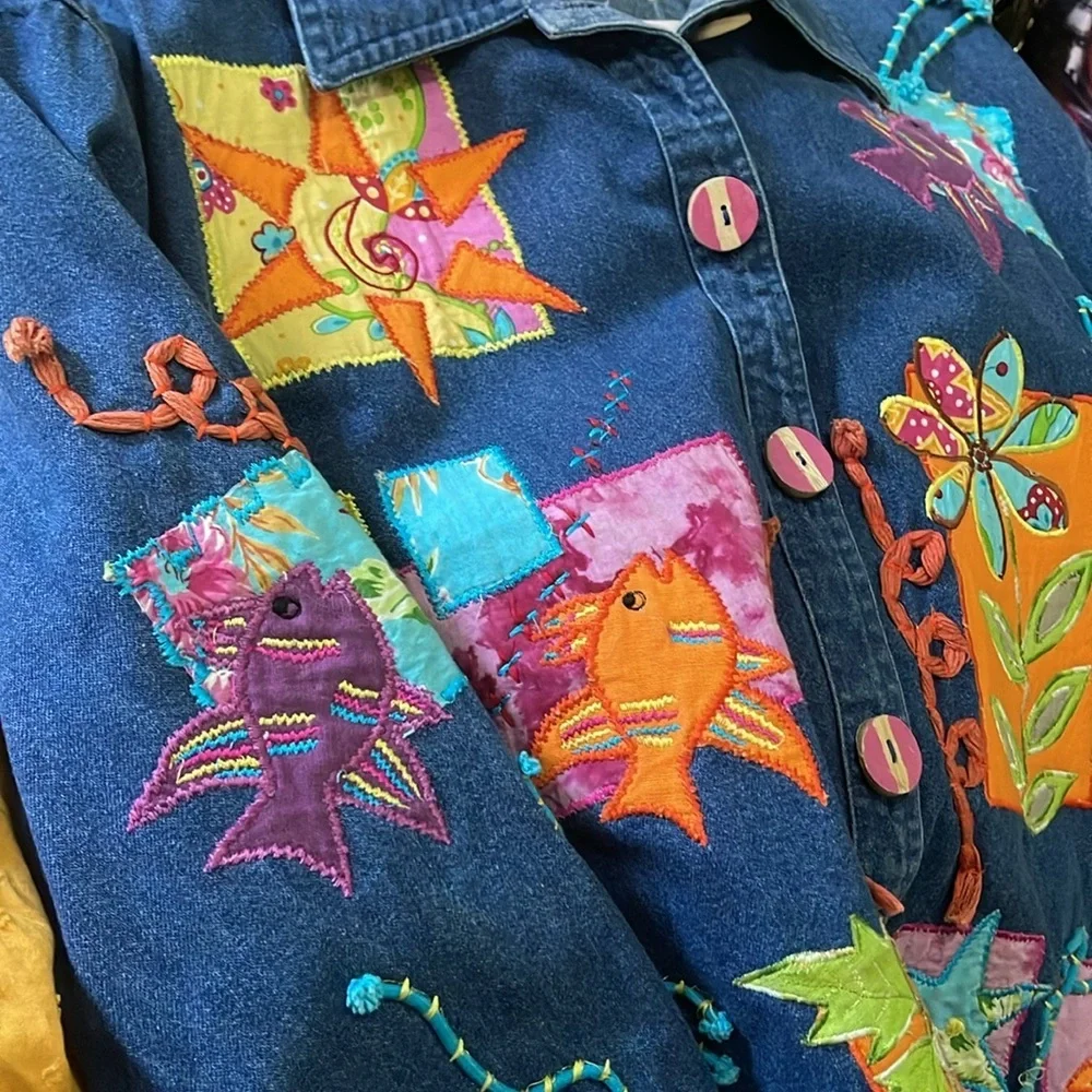 Vintage Artsy Embroidered 3D Popart Denim Jacket